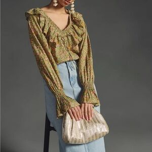 Anthropologie Ruffle V-neck Peasant Floral Green Women's Blouse